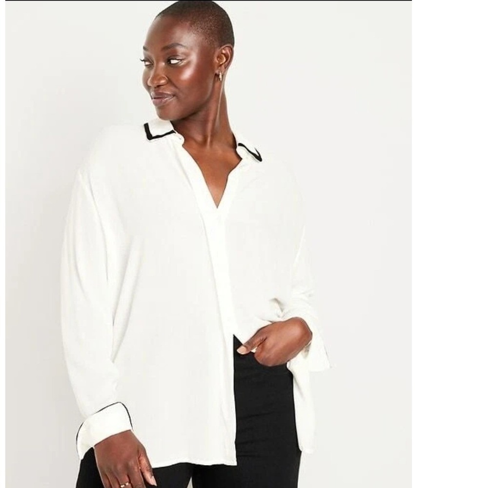 Old Navy Crepe Boyfriend Shirt XXL Tall Contrast Trim 90s Minimalist Relaxed Fit